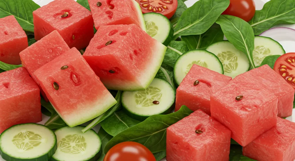 Fresh watermelon, cucumber, cherry tomatoes, and leafy greens arranged for summer salad.