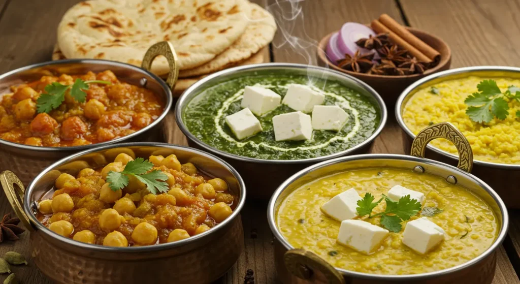 Authentic Indian vegetarian dinner recipes including chana masala, palak paneer, and dal tadka served in traditional copper bowls