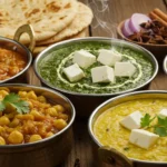 Authentic Indian vegetarian dinner recipes including chana masala, palak paneer, and dal tadka served in traditional copper bowls
