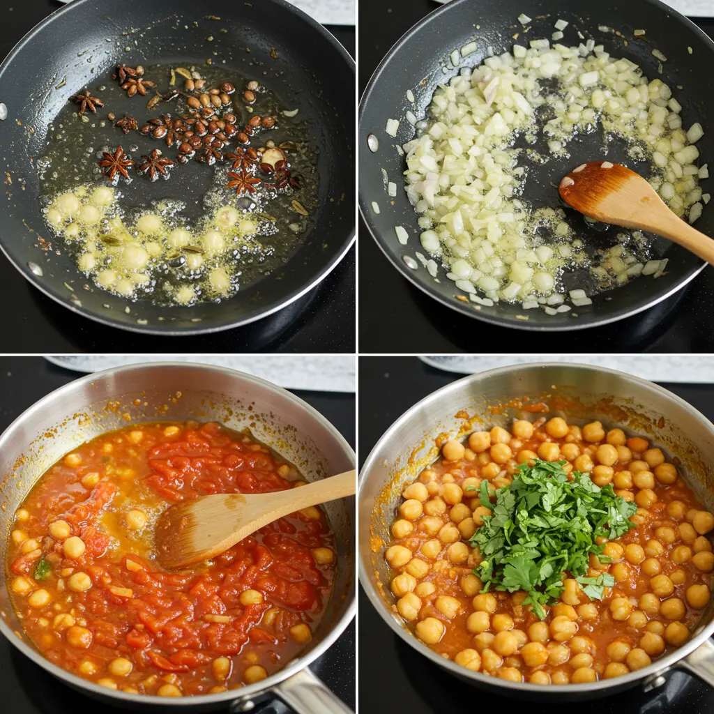 Step-by-step preparation of Indian chickpea curry (chana masala) showing spice blooming, sauce development, and final presentation