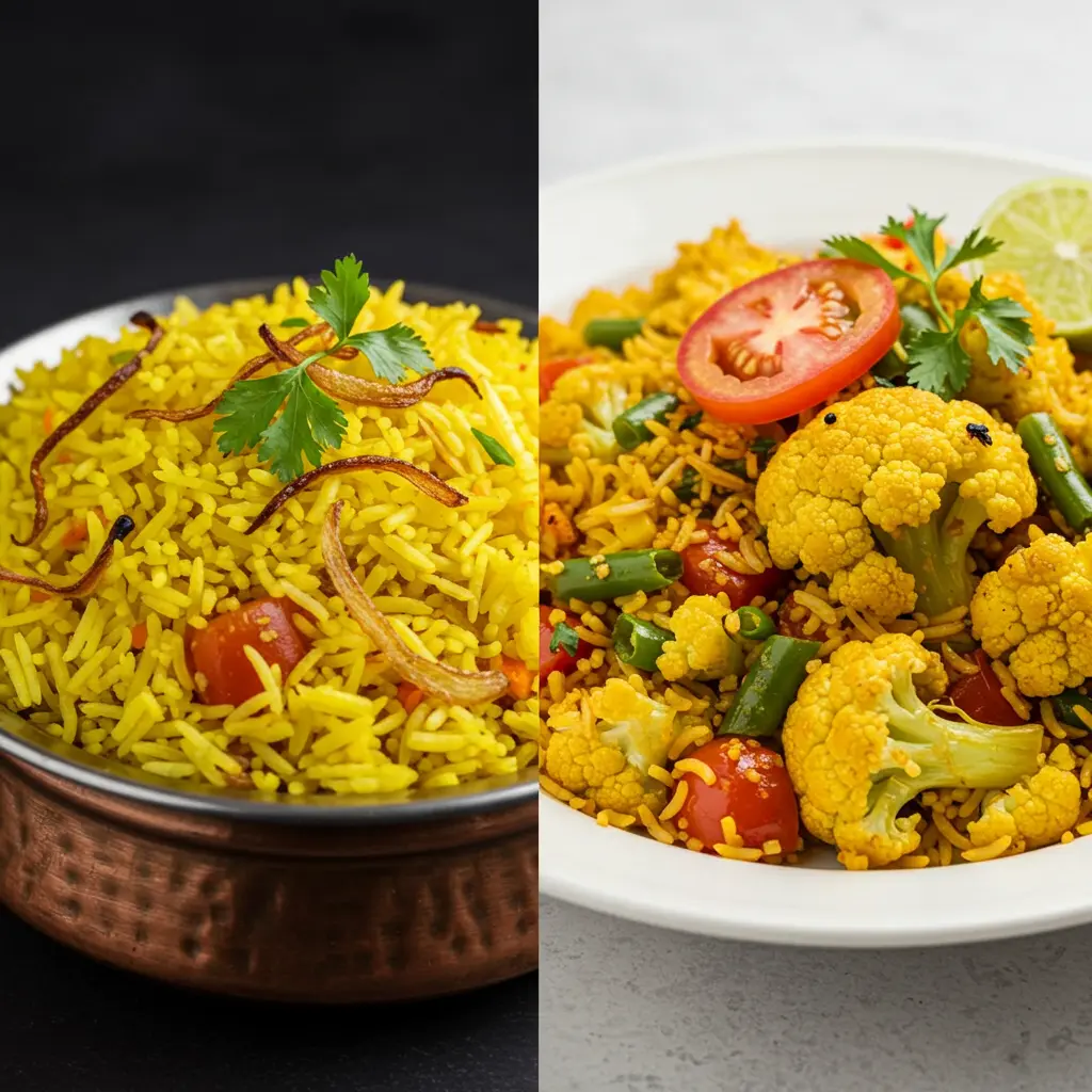 Comparison of traditional rice biryani alongside low-carb cauliflower biryani variation for special dietary needs