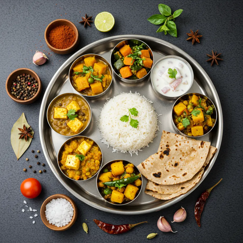 Complete Indian vegetarian thali plate featuring multiple recipes including curries, dal, rice, and bread