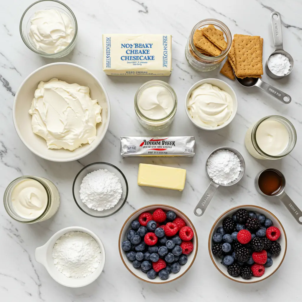 Ingredients for no-bake cheesecake jars arranged on marble surface including cream cheese, graham crackers, and mason jars