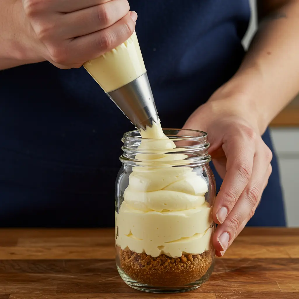 Hands piping creamy no-bake cheesecake filling into mason jar showing proper layering technique