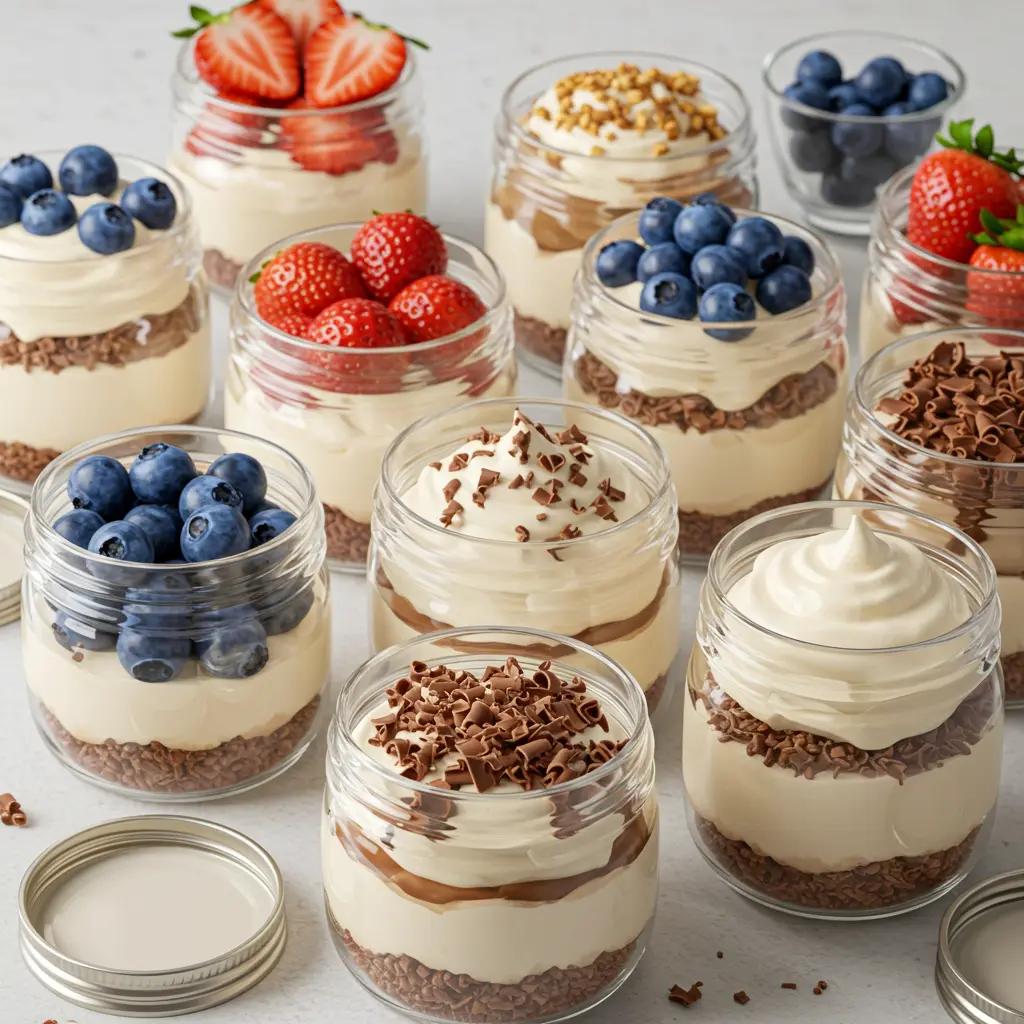 Finished no-bake cheesecake jars topped with fresh berries, whipped cream, and chocolate showing flavor variations