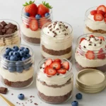 Finished no-bake cheesecake jars topped with fresh berries, whipped cream, and chocolate showing flavor variations