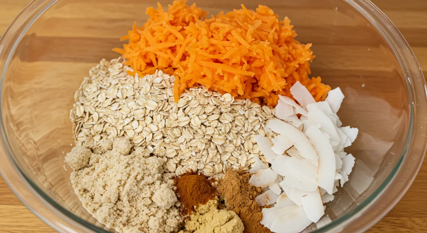 Grated carrots, oats, and spices arranged in a bowl, realistic and warm lighting.