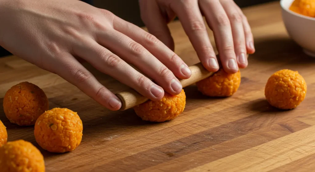 Hands rolling carrot mixture into balls, close-up view with clean, realistic lighting.