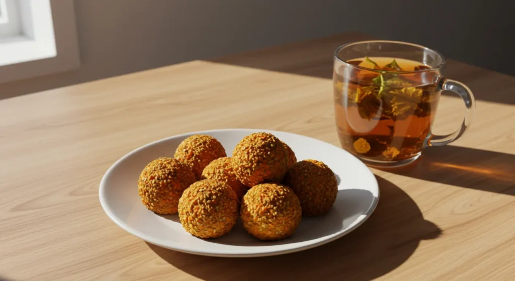 A serving plate with carrot balls and a cup of tea, realistic natural light.