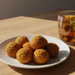 A serving plate with carrot balls and a cup of tea, realistic natural light.