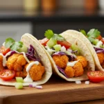 Crispy buffalo cauliflower tacos with purple cabbage slaw and ranch dressing on wooden cutting board
