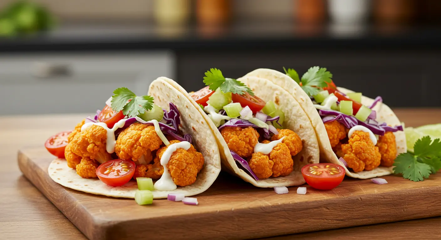 Crispy buffalo cauliflower tacos with purple cabbage slaw and ranch dressing on wooden cutting board