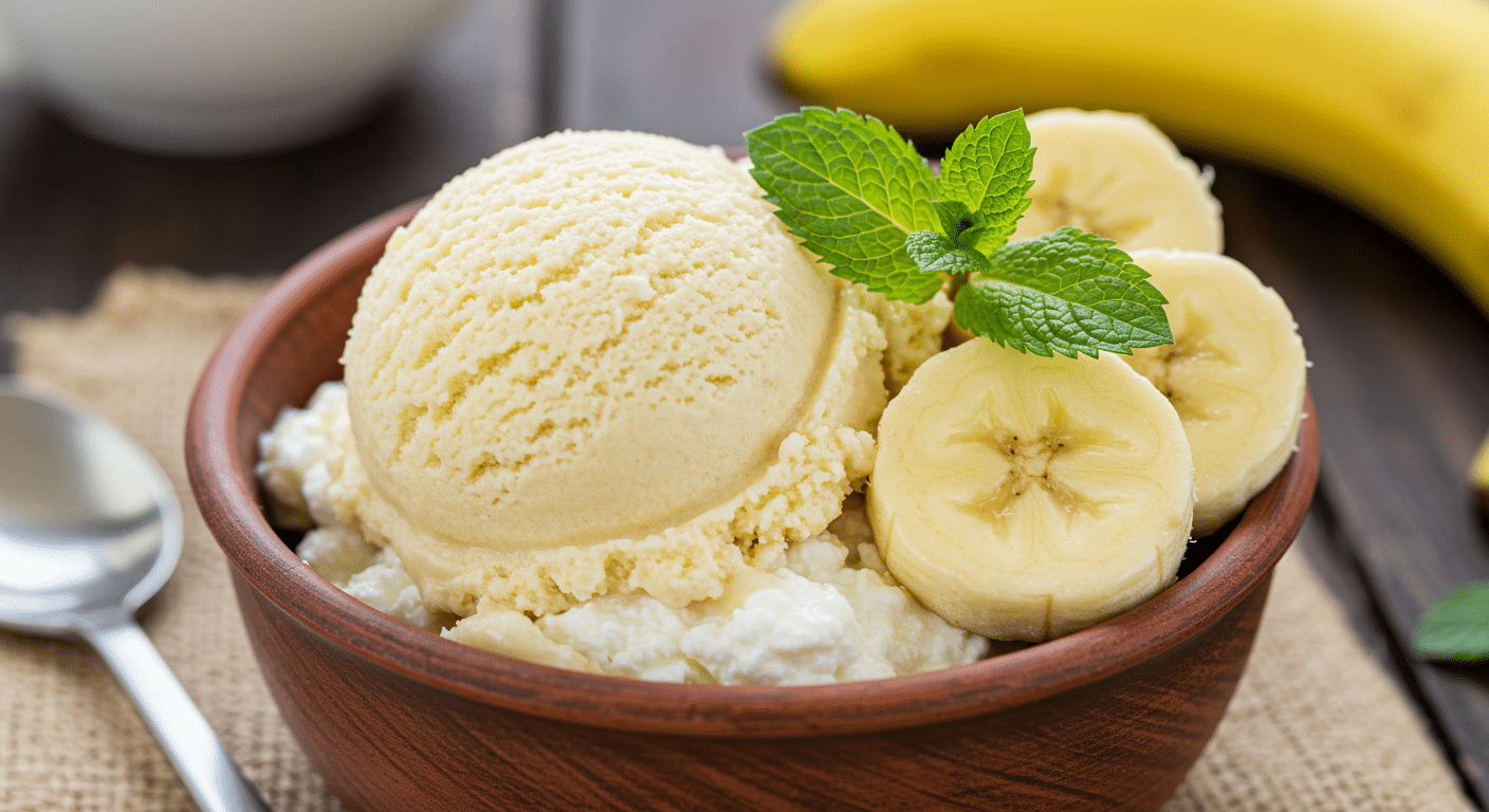 A scoop of creamy banana cottage cheese ice cream garnished with banana slices and mint in a bowl.