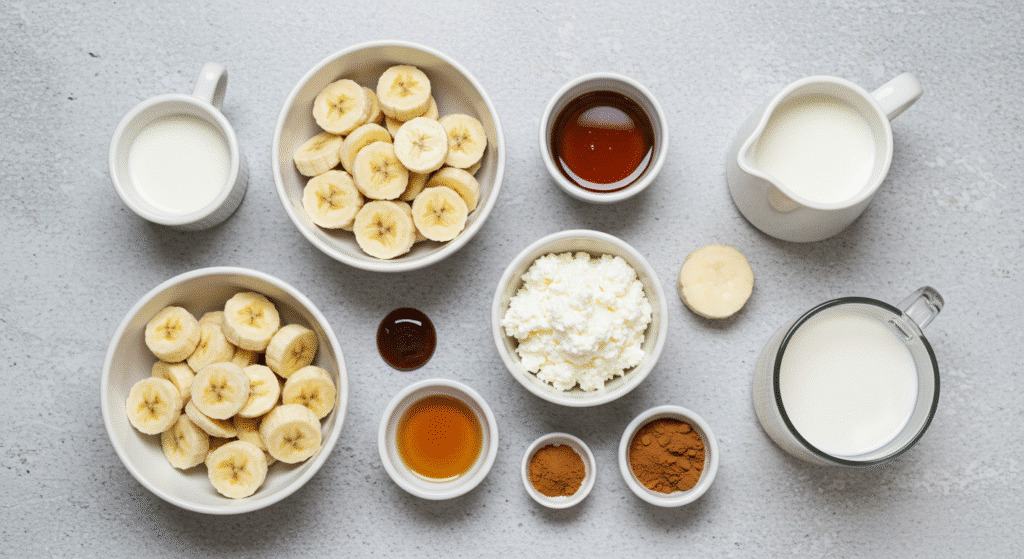 Ingredients for banana cottage cheese ice cream arranged on a white background.
