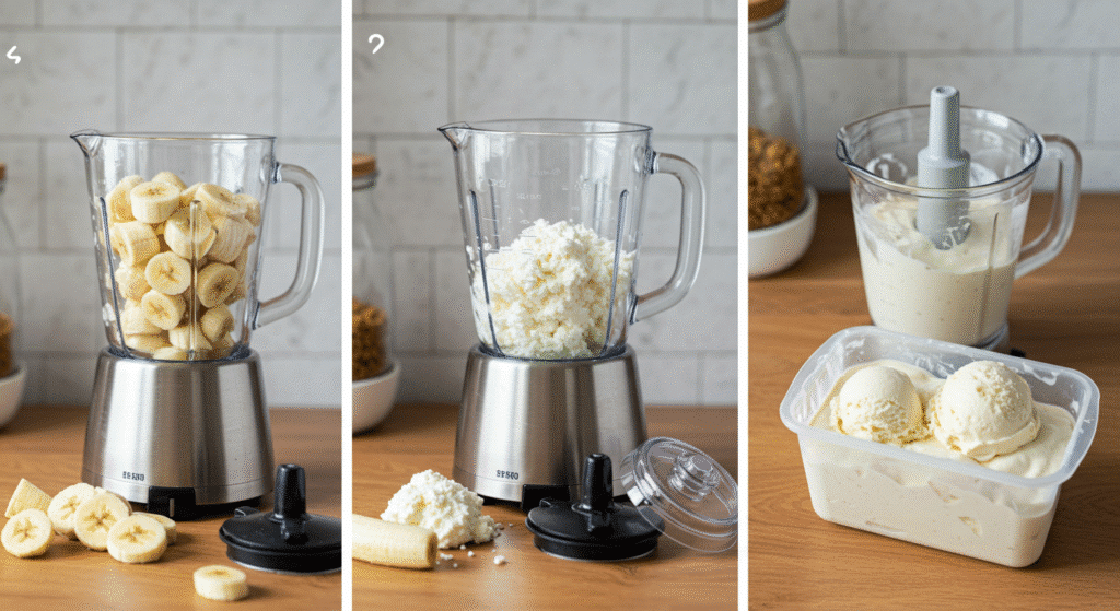 Step-by-step making of banana cottage cheese ice cream in a blender.
