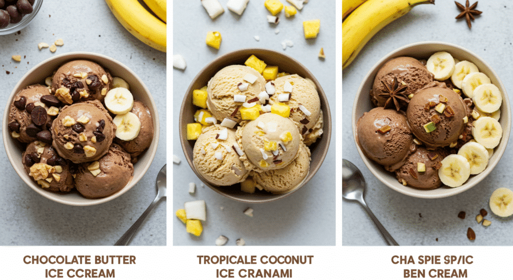 Three creative banana cottage cheese ice cream flavor variations in separate bowls.