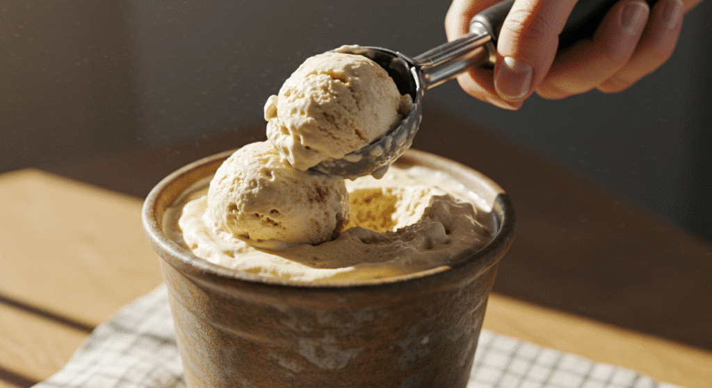 Scooping creamy banana cottage cheese ice cream from a homemade container.