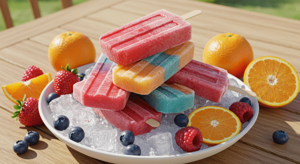 Rainbow popsicles on ice with fruit