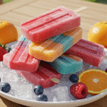 Rainbow popsicles on ice with fruit
