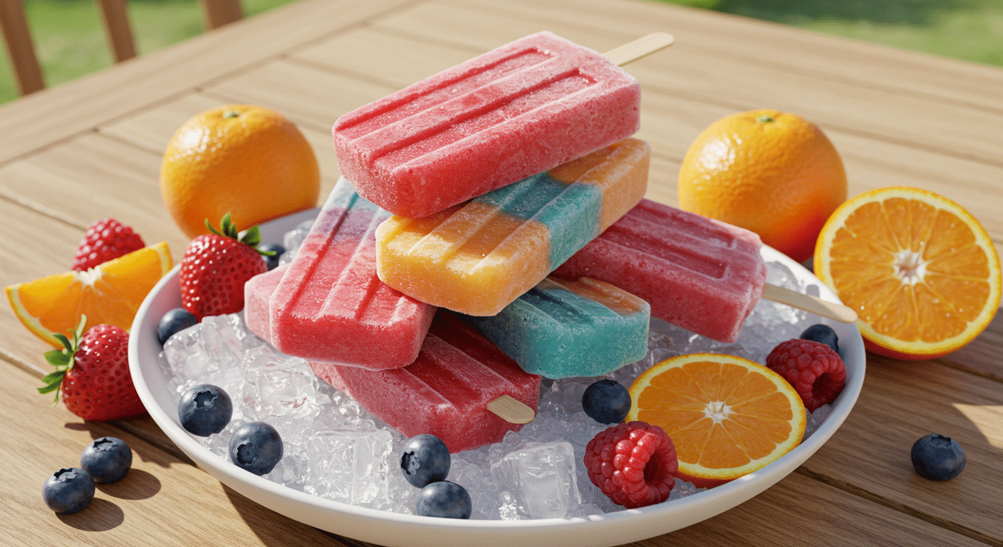 Rainbow popsicles on ice with fruit