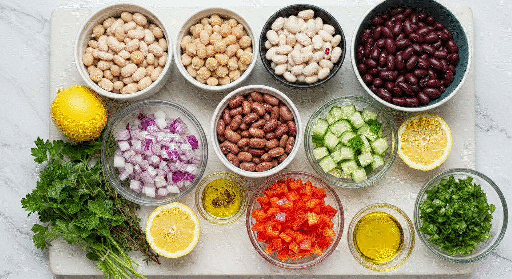 Ingredients for making a dense bean salad