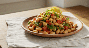 Dense bean salad served and garnished